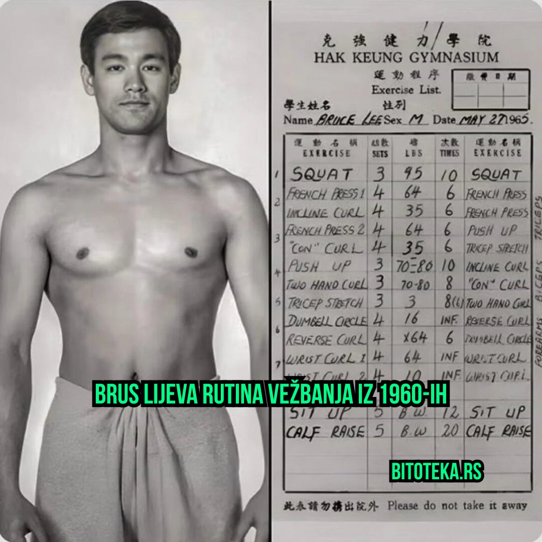 bitoteka's tweet photo. Brus Li nije bio samo majstor borilačkih veština, već i pionir u treningu snage i kondicije. Njegova rutina iz 1960-ih pokazuje disciplinu i posvećenost koja ga je izdvojila od svih ostalih. Inspiracija da radimo na sebi svakog dana, bez izgovora. 

#istorija #trening #disciplinа https://t.co/LtwM7Xq4jx
