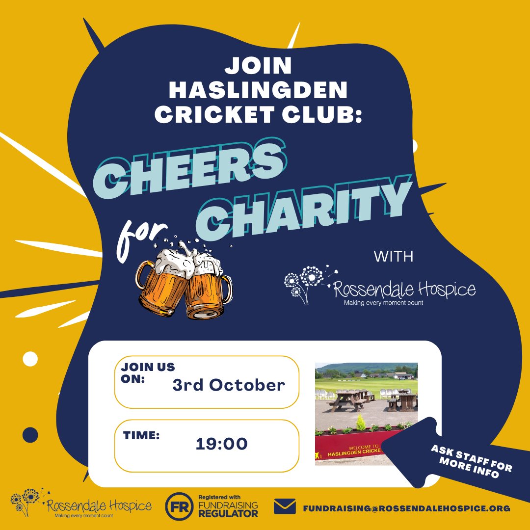 HCC's "Cheers for Charity" Quiz Night. 

**Tonight**

Raising money for Rossendale Hospice 

🕖 7pm start
🍗 Wing &amp; A Prayer
🎟️ Mystery bottle fundraising raffle
🩵 All welcome to join | £1 entry per person
💷 Bar voucher prize for the winning overall team
