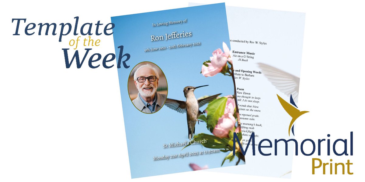 print_memorial's tweet photo. Incorporating birds & nature into a #funeralorderofservice designย can offer a gentle, symbolic way to honour lifeโs beauty and transience. For many,ย birds represent freedom and peace, and the soulโs journey beyond this world.ย
#TemplateOfTheWeek ๐ฉต
#MemorialPrint #Design #Print https://t.co/8ag1UVFtdF
