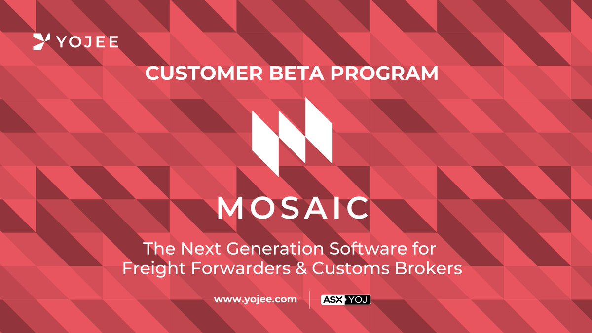 yojeesolutions's tweet photo. #MOSAIC Customer BETA Program is officially underway!
We have started live BETA testing with a select group of Australian and New Zealand freight forwarders and customs brokers.
Read more in our ASX:YOJ announcement: https://t.co/gSvjVbDr16
#BePartOfSomething https://t.co/eX2CZwPz1f