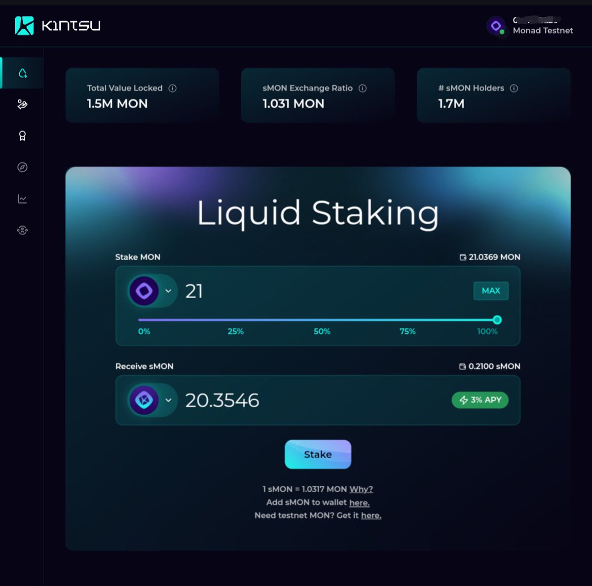 I tried <a href="/kintsu/"></a> on Monad testnet ...
A perfect solution for liquid staking .... Secure, efficient, and community driven....
This is the kind of innovation that strengthens the Monad ecosystem......
I'm still using monad testnet until Mainnet come.....
Testing Link :-