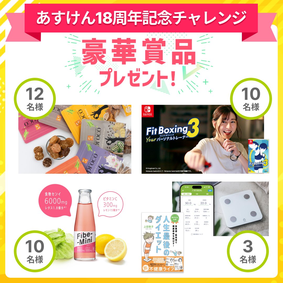 ━━*＼  あすけん18周年  ／*━━
　　記念チャレンジ開催中✨
━━━━━━━━━━━━━━━

あすけんはおかげさまで18周年！
感謝を込めて【食事記録5日間チャレンジ】を開催中📣

達成者には健康をサポートする豪華賞品を抽選でプレゼント🎁
ぜひ #あすけん アプリからご参加ください📱👈