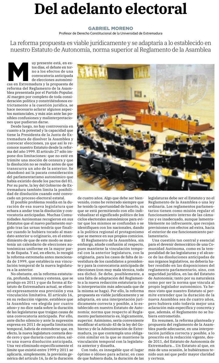 Escribo en el <a href="/hoyextremadura/">Diario HOY</a> sobre el alcance jurídico de una posible convocatoria anticipada de elecciones en Extremadura, la duración de la legislatura subsiguiente y la reforma planteada del Reglamento de la Asamblea:

hoy.es/opinion/gabrie…