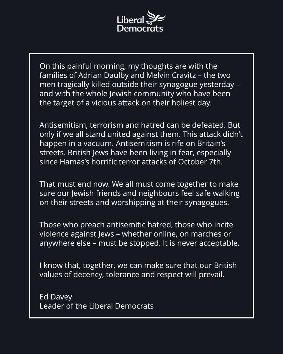 EdwardJDavey's tweet image. On this painful morning, my thoughts are with the families of Adrian Daulby and Melvin Cravitz and with the whole Jewish community who have been the target of a vicious attack on their holiest day.