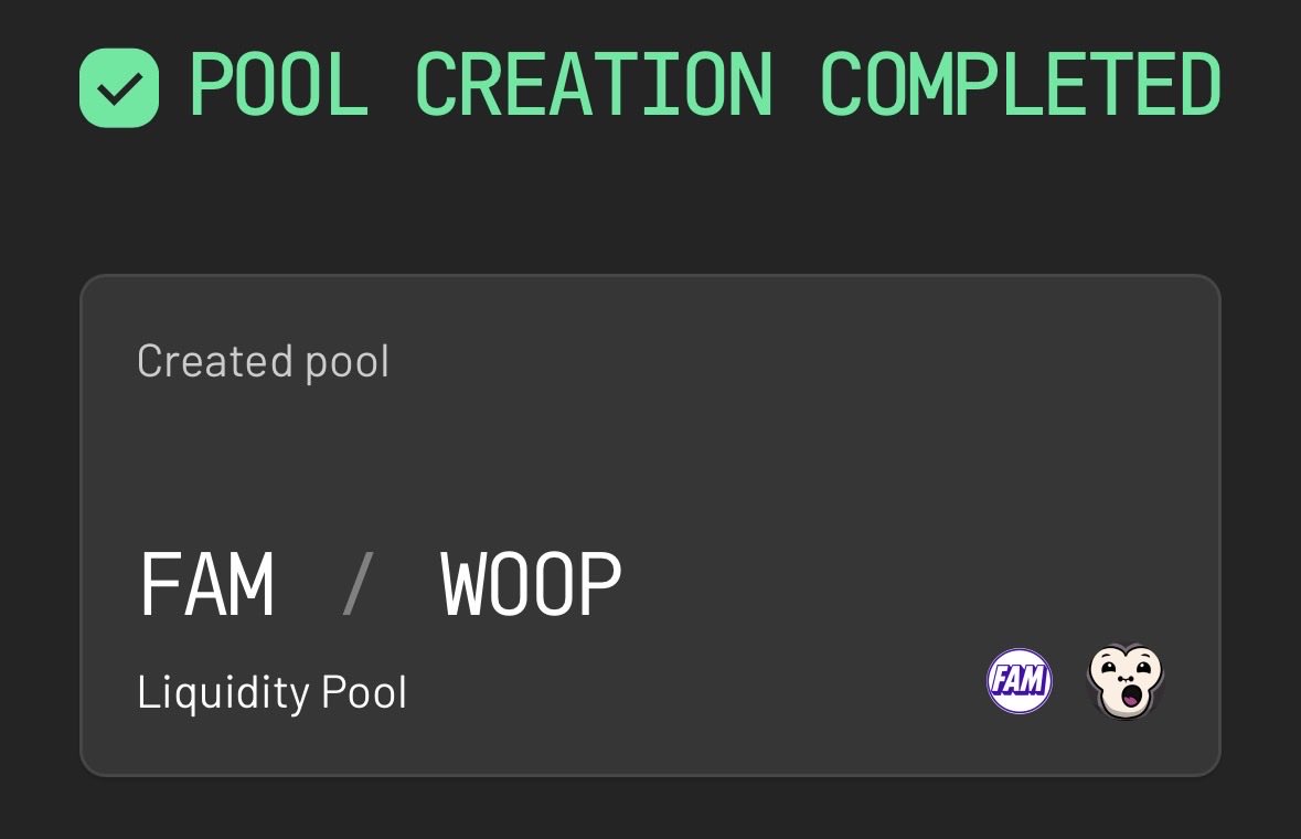 famversedotxyz's tweet image. New Pool Unlocked: $FAM / $WOOP 🧪🔥
Liquidity’s live and flowing. Remember, starting tonight you’ll be juicing 1.25% weekly rewards for any LP paired with $FAM. Stack, farm, repeat. 🚀👾