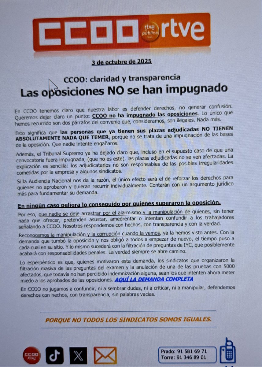 Calumnia que algo queda. Es ka táctica de ugt-si en <a href="/rtve/">RTVE</a>. <a href="/ccoortve/">CCOO RTVE</a> no ha impugnado las oposiciones sino 2 párrafos del convenio que consideramos ilegales. Las personas que tienen sus plazas nada deben tener. Ni alarmismo ni manipulación. extra.rtve.es/ccoo/lahoja202…
