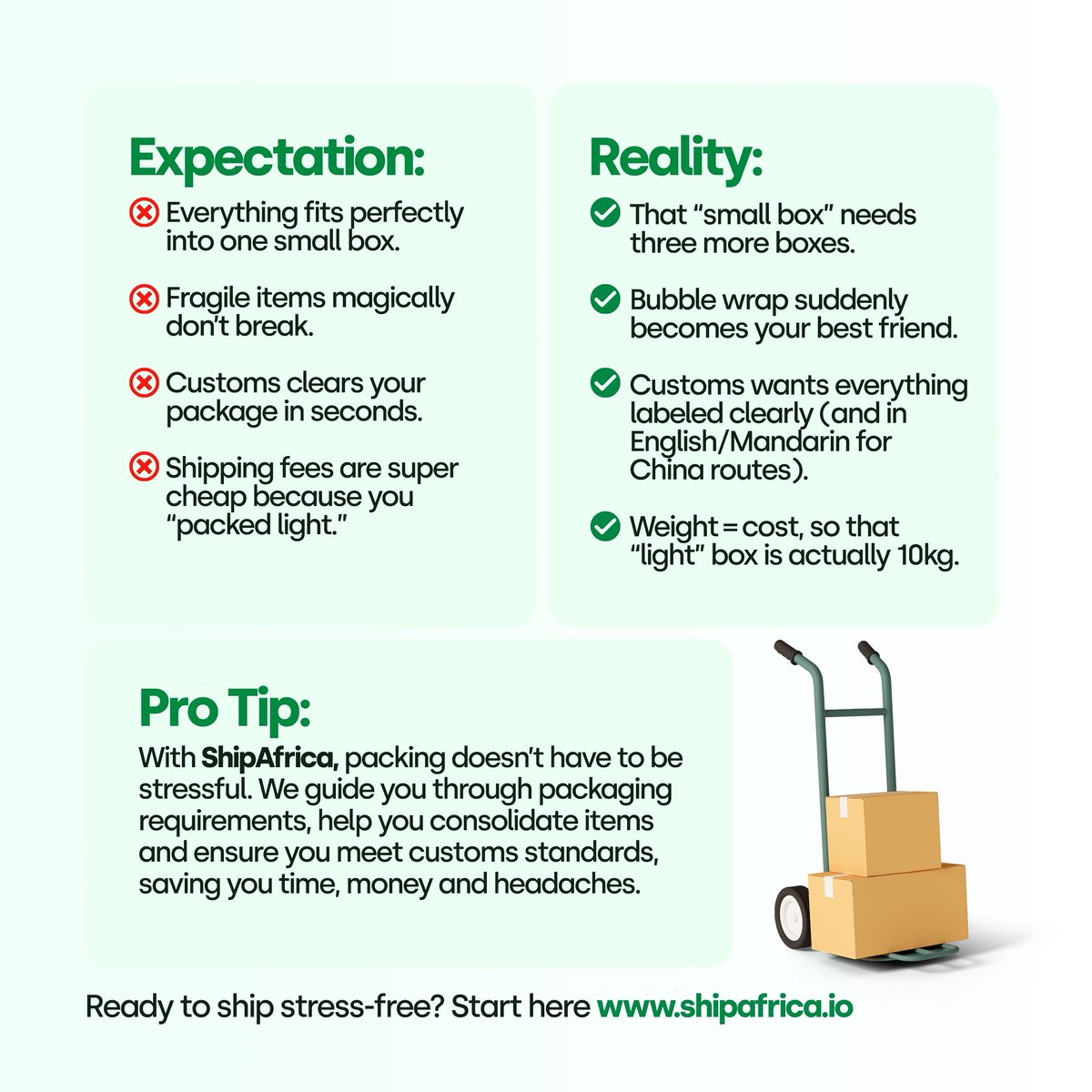 shipafrica_io's tweet image. Expectation: 1 small box solves it all. 📦
Reality: You need 3 more + bubble wrap + customs clearance. 😅

With ShipAfrica, packing gets easier, cheaper &amp;amp; stress-free.
Ship smart. Ship smooth. 🌍✈️

#shipafrica #shippingsolutions