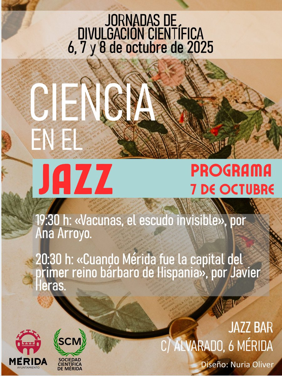 JORNADAS DE DIVULGACIÓN CIENTÍFICA «CIENCIA EN EL JAZZ 2025» PROGRAMA del martes, 7 de octubre.
<a href="/ayto_merida/">Ayuntamiento de Mérida</a>
<a href="/CUMe_UEx/">CUMe_UEx</a>
<a href="/UExDivulga/">Cultura Científica UEx</a>
