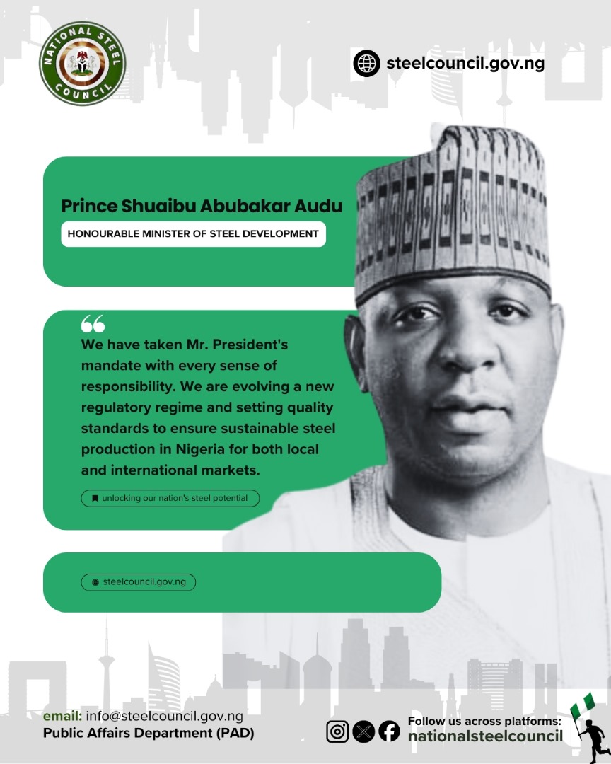 nationalsteelc's tweet image. Prince Shuaibu Abubakar Audu, Hon. Minister of Steel Development:

“We are evolving a new regulatory regime and setting quality standards to ensure sustainable steel production in Nigeria for local &amp;amp; international markets.”

#NationalSteelCouncil #Steel
🔗 steelcouncil.gov.ng