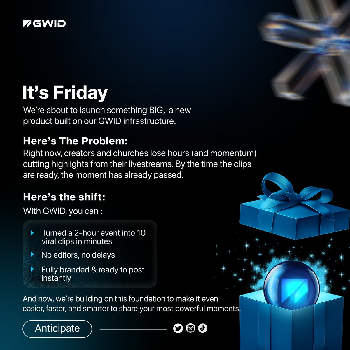 gwidhq's tweet image. 🚀 Big things are coming.

From hours of livestreams ➝ viral clips in minutes.

No editors. No delays. Just impact.