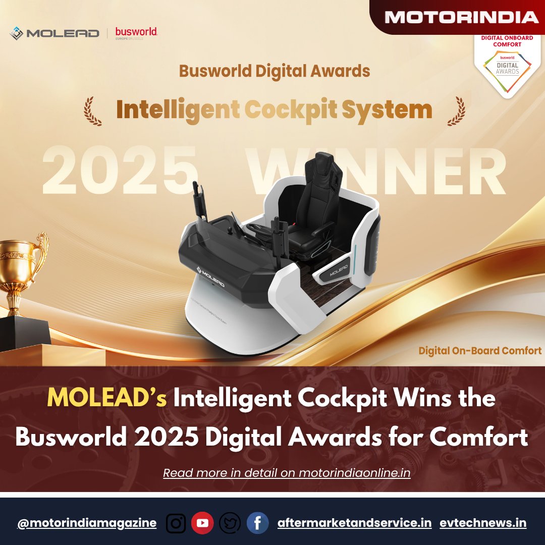 motorindiatweet's tweet image. At Busworld Europe Brussels 2025, MOLEAD’s “Intelligent Cockpit System” won the top honor in “Digital On Board Comfort,” becoming the only Chinese parts company to claim a Digital Award.

𝐑𝐞𝐚𝐝 𝐌𝐨𝐫𝐞: motorindiaonline.in/moleads-intell…

#Busworld2025 #AutomotiveTech #SmartTransport