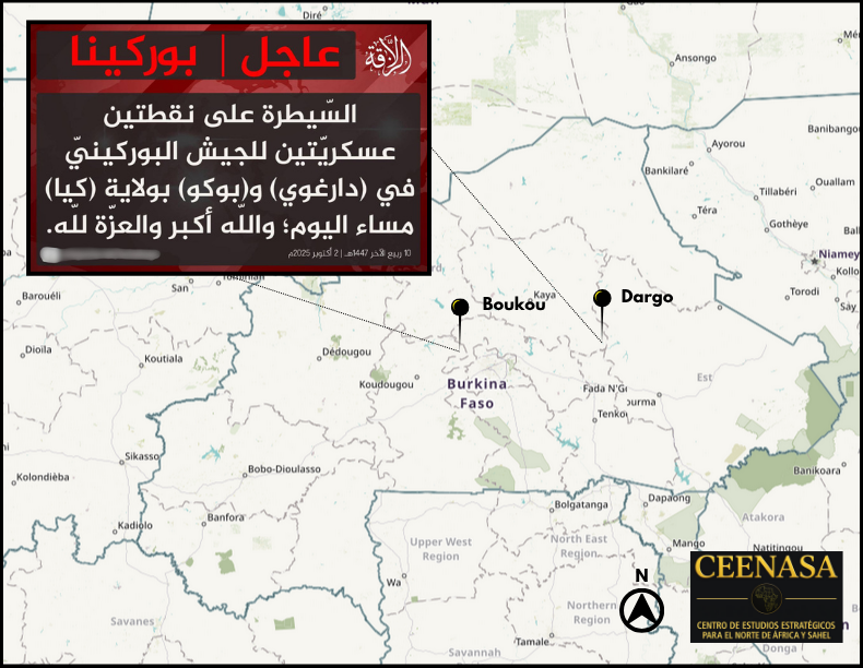 CEENASA396971's tweet photo. #BURKINAFASO đ§đ«
On Oct 2, the #JNIM claimed to have captured two military points in the evening:
- In #Dargo, in #Kaya Province
- In #Boukou, in #Koudougou Province https://t.co/YMKTakaHR9