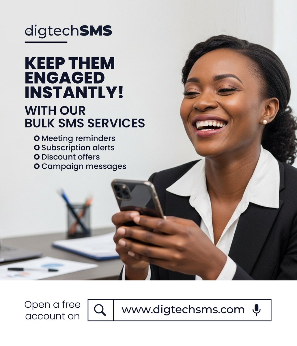 Digtech1's tweet image. With our Bulk SMS service, you can conveniently send;
👉 Meeting reminders
👉 Subscription alerts
👉 Discount offers
👉 Campaign messages
👉 Birthday wishes

Opening an account is free and easy, with free trial messages. Tap in the link below;
digtechsms.com
#bulksms