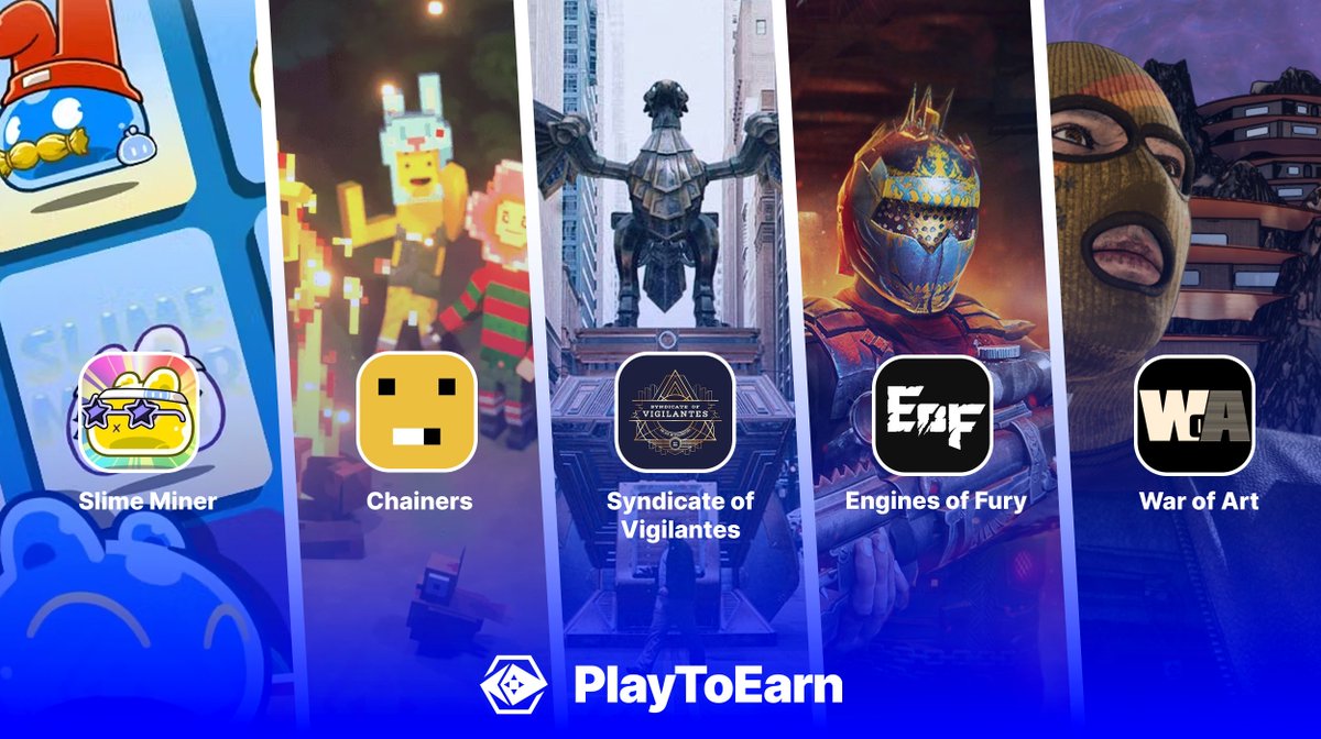 PlayToEarn's tweet photo. Discover 5 exciting crypto games in the PlayToEarn spotlight! 💫

🔹@SOV_thegame
The first web3 AR Game with FPS elements

🔹@ChainersGame 
Next-gen blockchain game for fun-seekers that lets you collect items every day!

🔹@EnginesOfFury 
High-stakes, ever-evolving PvPvE battleground

🔹@playgatsbygames 
FPS/TPS Shooter - Heist art and turn it to gold in dystopian Neo York

🔹@Slime_Miner 
Idle RPG where you control slimes to journey towards the Earth's core while mining valuable minerals
