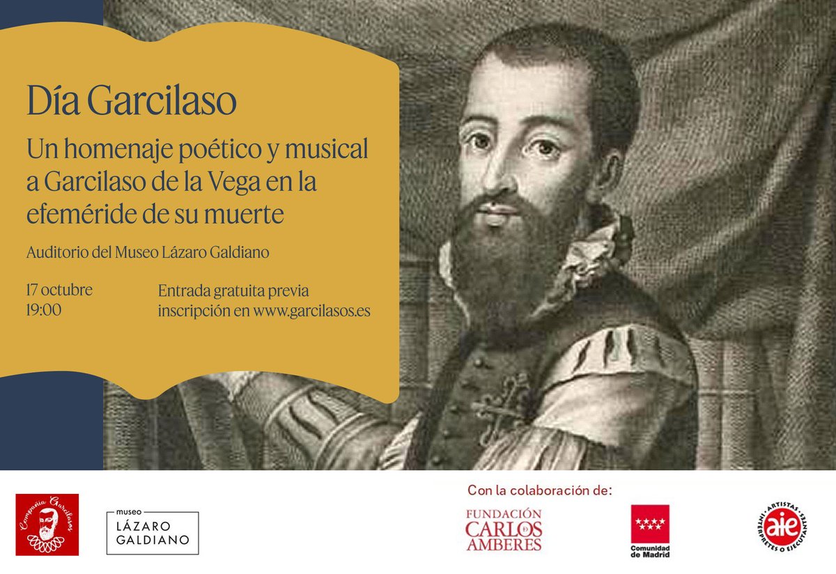 El 17 de octubre, a las 19, celebra con nosotros el "Día Garcilaso", un homenaje poético y musical a Garcilaso de la Vega en la #efeméride de su muerte ¡te esperamos!
La entrada será #gratis. Necesaria reserva previa
+ info: museolazarogaldiano.es/agenda-de-acti…
#literatura #concierto
