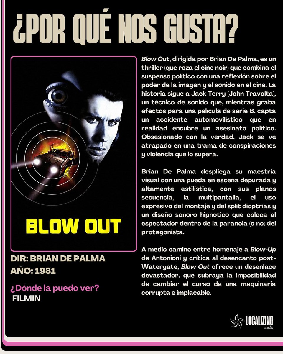 Localizing_St's tweet image. Hoy, para nuestro viernes de arte, Brian de Palma y su cine noire de los 80

Título: Blow Out
Dir: Brian de Palma
Año: 1981

@filmin

#viernesdearte #almanaquecinefilo #localizingstudio #recomendaciones #cine
