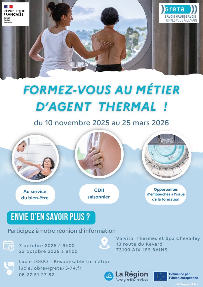 [#TousMobilisés] pour l'#emploi dans le secteur du thermalisme ⛲️

<a href="/lesgreta/">Greta Formation - Académie de Grenoble</a> organise une réunion d'ℹ le 7 octobre aux thermes <a href="/CebValvital/">Valvital</a> à <a href="/aixlesbainsfr/">Ville Aix-les-Bains</a> autour du #métier d'agent thermal 

Contact ⤵️
#formation #Savoie
