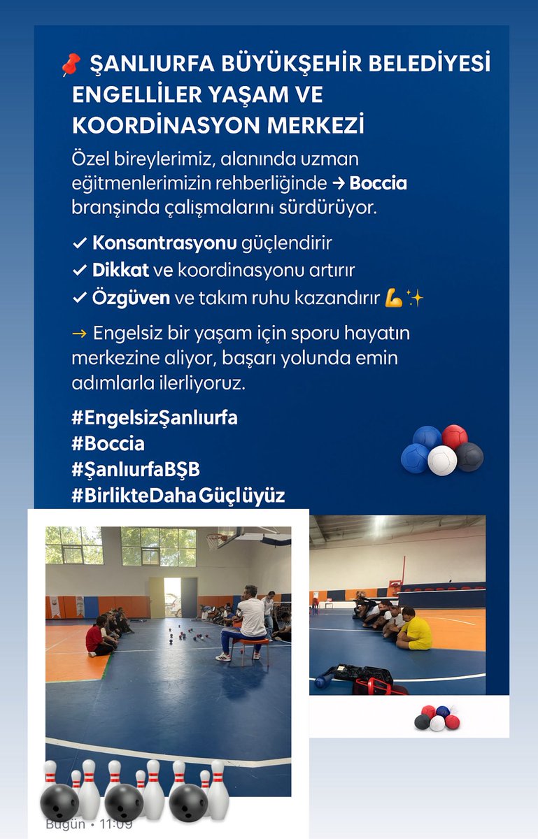 🎯 BOCCIA – Özel Bireyler İçin Strateji ve Dikkat Sporu

Şanlıurfa Büyükşehir Belediyesi Engelliler Yaşam ve Koordinasyon Merkezi’nde özel bireylerimiz, eğitmenlerimiz eşliğinde Boccia antrenmanları yapıyor.
<a href="/TarimakAli/">Ali Tarımak🇹🇷</a> 
<a href="/sanliurfabld/">Şanlıurfa Büyükşehir 🇹🇷</a>