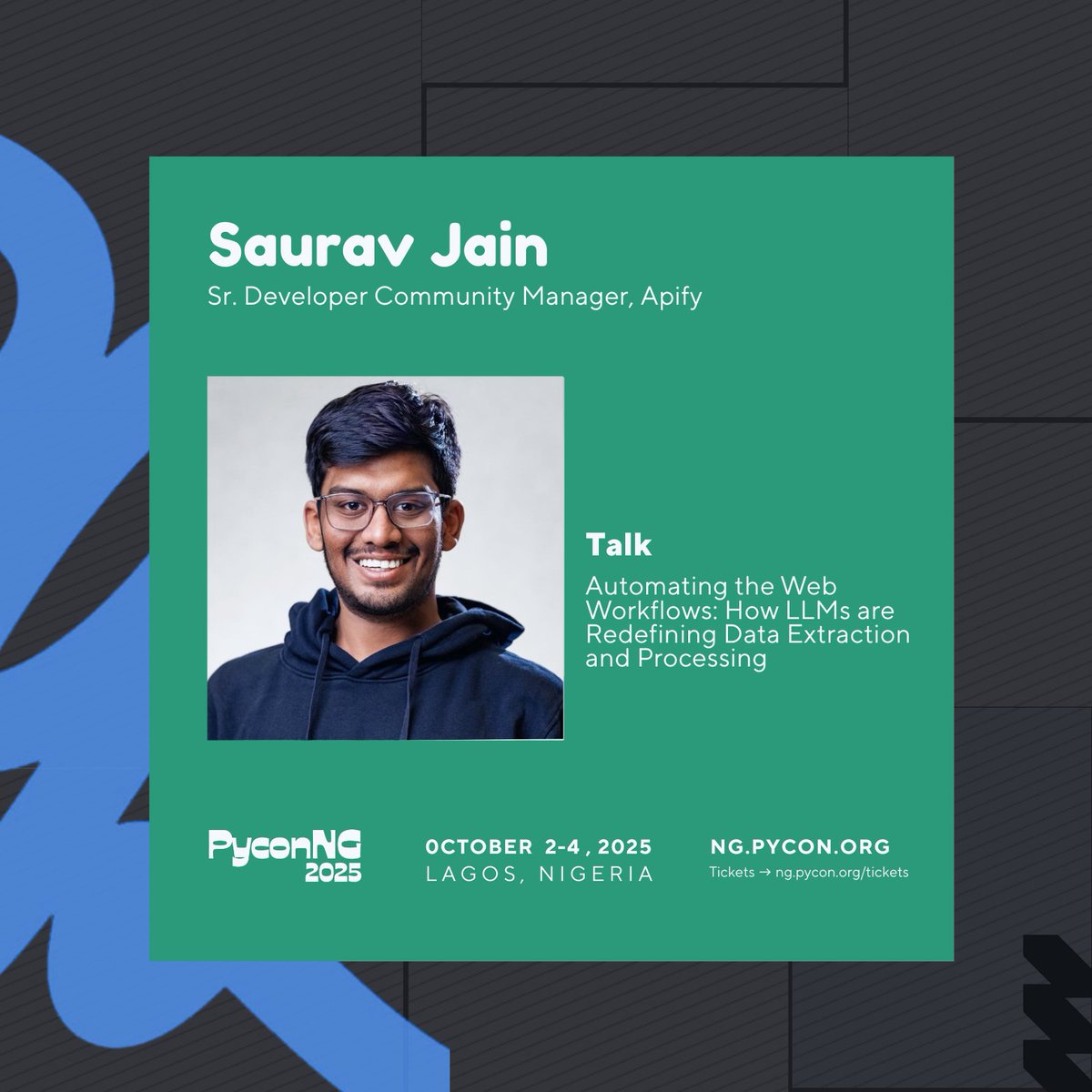 PythonNigeria's tweet image. Up next at #PyConNG2025 → Saurav 🚀

Topic: 
“Automating the Web Workflows: How LLMs are Redefining Data Extraction and Processing” 

Let’s dive in! 

#BuildInnovateSucceed
