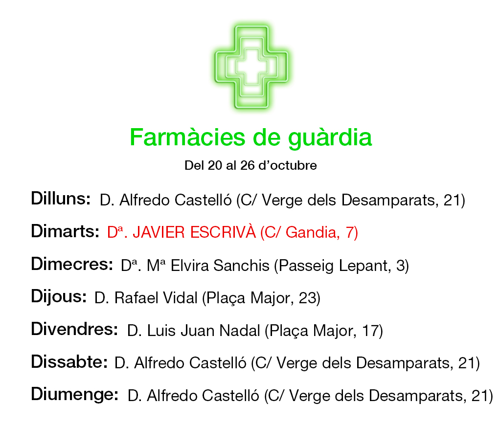 GUÀRDIES PER A LA SETMANA DEL 20 AL 26 D'OCTUBRE

Recordeu que podeu vore TOTES LES GUÀRDIES a la nostra WEB: farmaciaescriva.com/farmacias-guar…

#farmaciatavernes #guardiestavernes #farmaciadeguardia #farmaciaescriva #guardiesentavernes #farmaciadeguardiatavernes