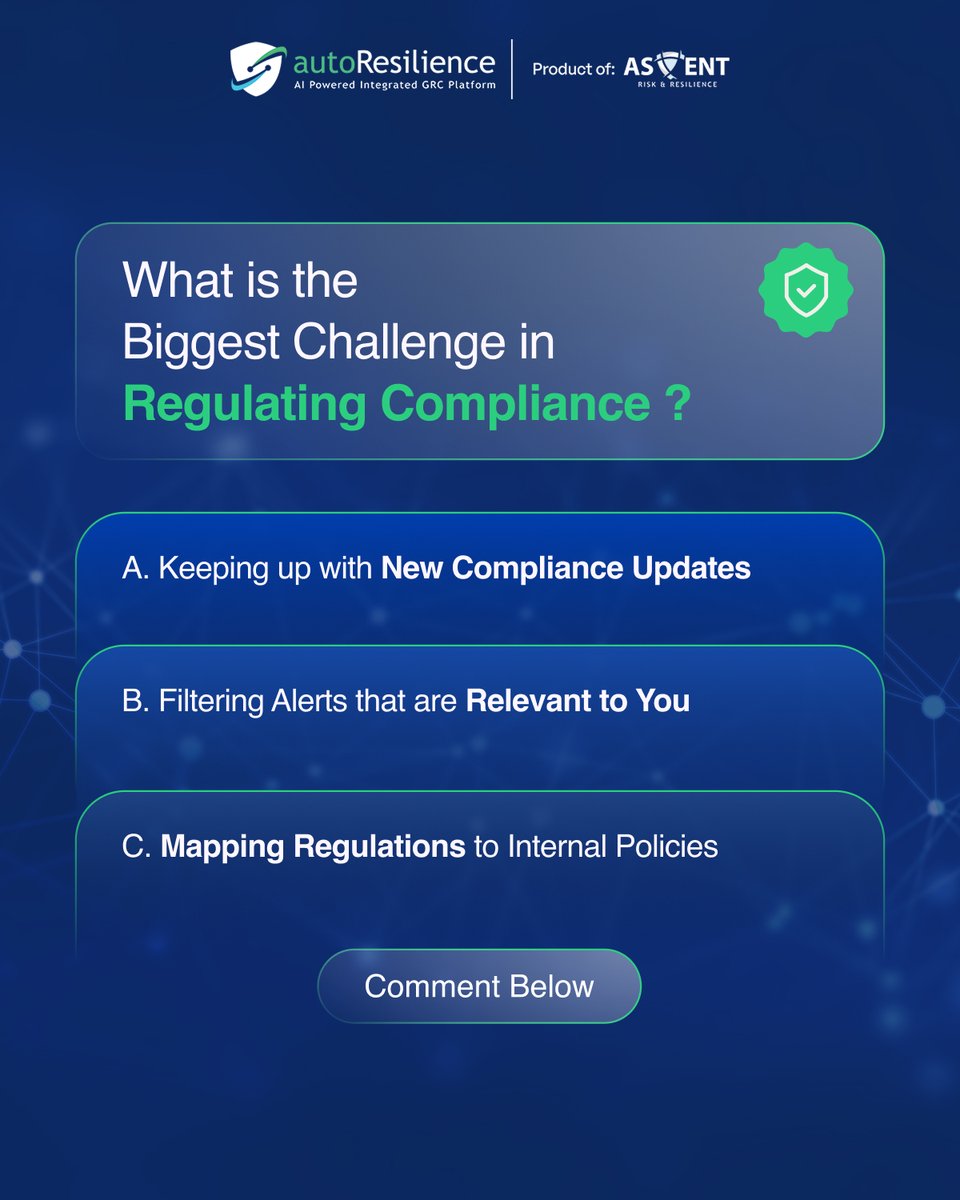 AscentTCSocial's tweet image. Compliance is sprinting ahead but challenges are never far behind. Tell us which compliance challenge will make the biggest impact in the industry.

#Compliance #PolicyMapping #RegTech #AI #RiskManagement