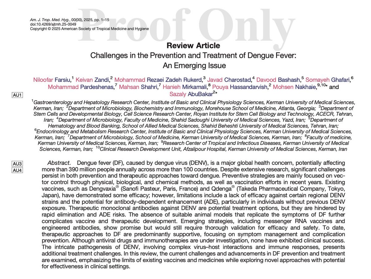 MRZRukerd's tweet photo. مهمترین پیپر ریویو آکادمیکم 
در زمینه تب دانگ 
در American Journal of Tropical Medicine and Hygiene (Q1)
با تیم آمریکایی و مالزیایی
با مسئولیت Prof. Sazaly Abu Bakar (جزو سه محقق برتر دنیا در زمینه تب دانگی)
اینقدر برامون با ارزش بود که 3000USDپرداخت کنیم و open access چاپش کنیم https://t.co/qqaMQ3rBaR