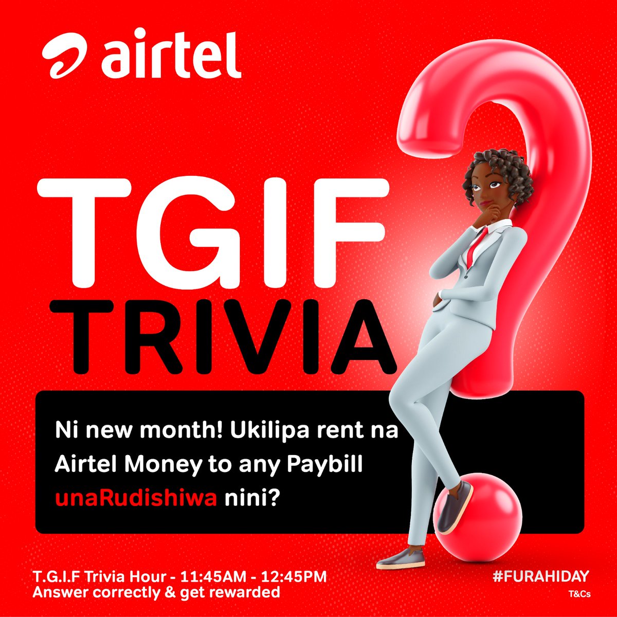 Ni Trivia time fam! 🎉
Correct answer ndio pass ya zawadi kutoka kwa admin💯
Usisahau kutuma your number kwa DM! 📩
#Furahiday #TGIFTrivia #Airtel