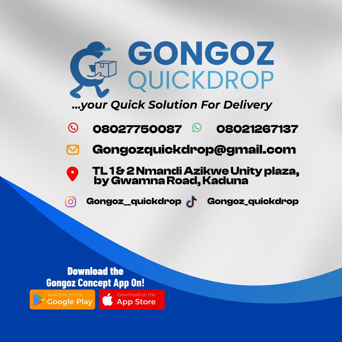 Em__Umar's tweet photo. INRODUCING GONGOZ QUICKDROP
KADUNA’s trusted logistics partner 🚚

Fast, reliable, and affordable delivery. We handle your packages while you focus on other things 💯

📩Book a Delivery: https://t.co/UvKrXmgBuR

#GongozQuickDrop #delivery #Gaza Fulani Arewa Uba Sani Kano Friday https://t.co/nO8ktA4xhT