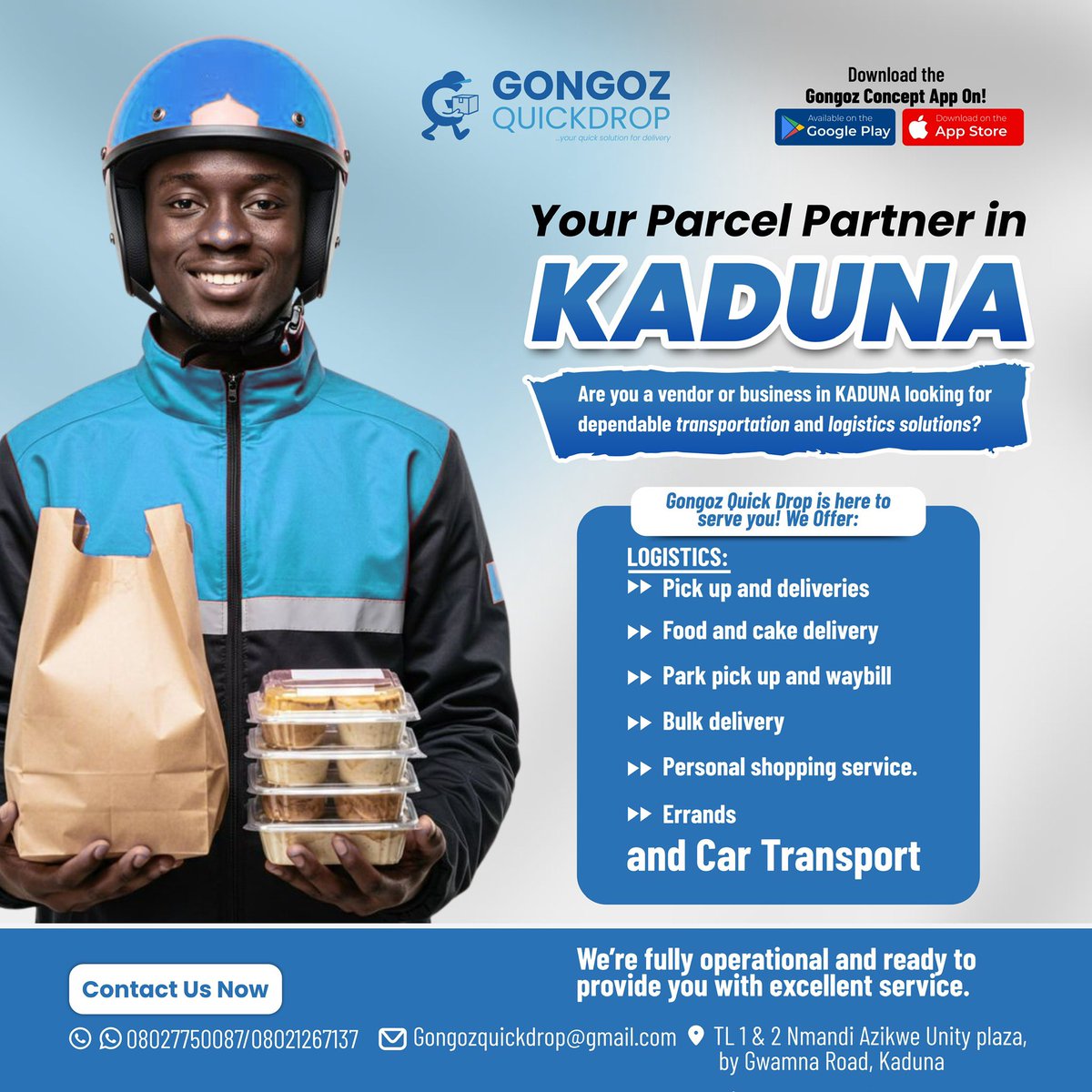 Em__Umar's tweet photo. INRODUCING GONGOZ QUICKDROP
KADUNA’s trusted logistics partner 🚚

Fast, reliable, and affordable delivery. We handle your packages while you focus on other things 💯

📩Book a Delivery: https://t.co/UvKrXmgBuR

#GongozQuickDrop #delivery #Gaza Fulani Arewa Uba Sani Kano Friday https://t.co/nO8ktA4xhT