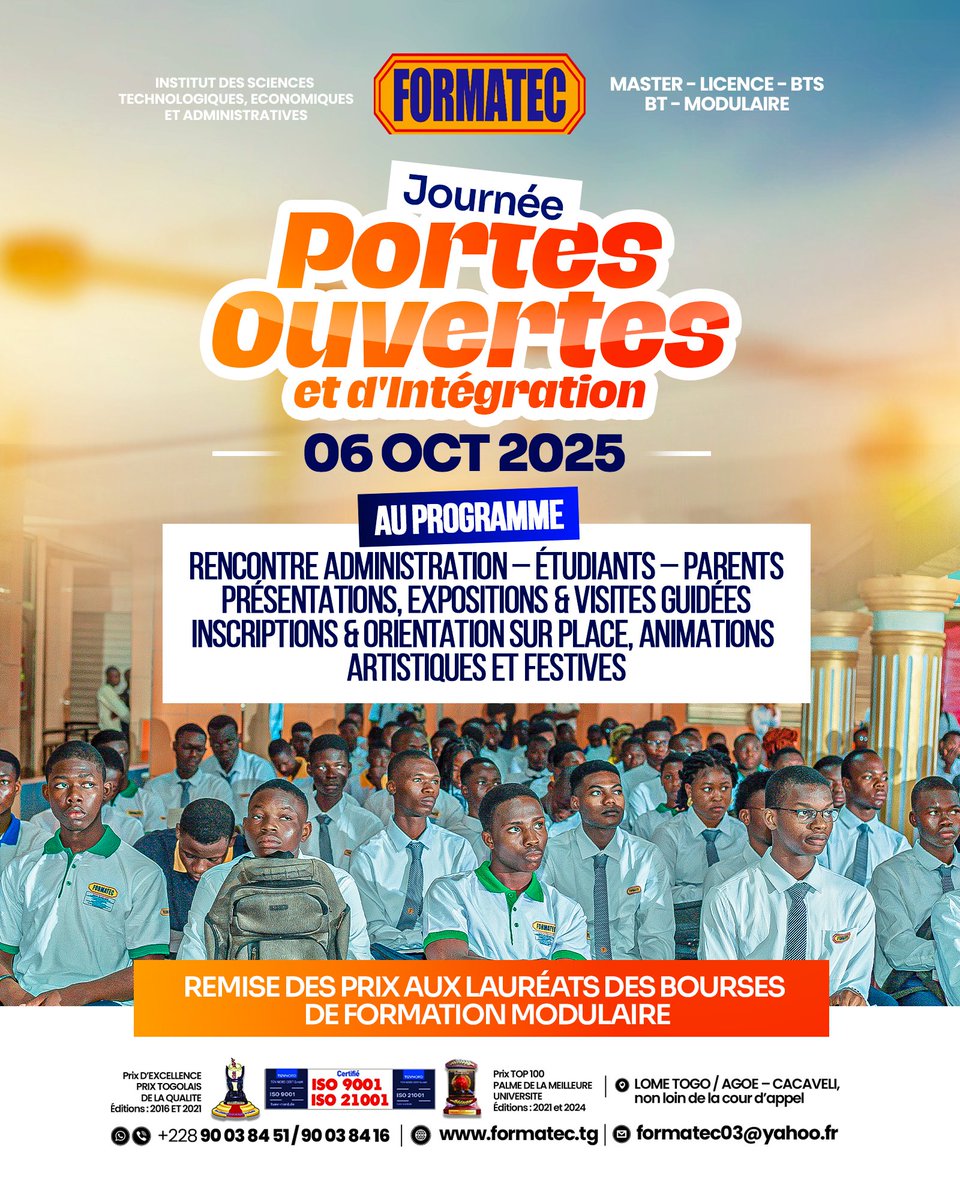 Formatec03's tweet photo. 🎓 Journée Portes Ouvertes &amp; d’Intégration – FORMATEC
📅 06 octobre 2025

Une journée unique pour découvrir FORMATEC, échanger et célébrer ensemble :

#FORMATEC #PortesOuvertes #Intégration #Inscriptions2025 #TalentsDeDemain #Excellence https://t.co/fFUcDcdgns