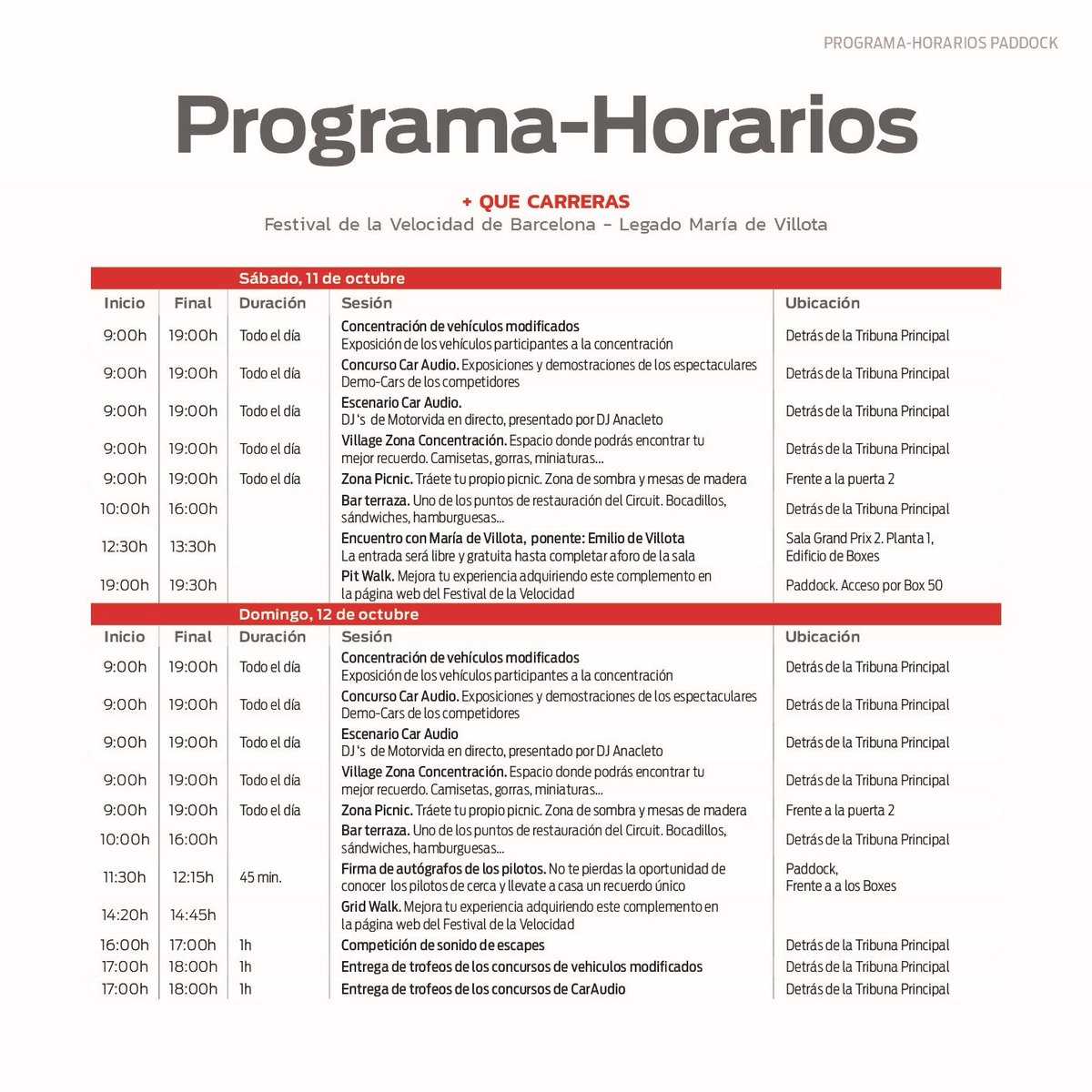Ya puedes consultar el planning para no perderte nada del 10 al 12 de octubre en el Circuit de Barcelona-Catalunya. 🏁
⚠️ Los horarios son provisionales y podrían sufrir cambios.
