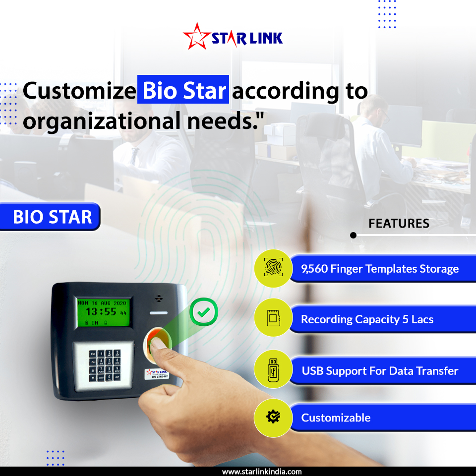starlinkindia's tweet image. Meet Bio Star – Smart, Secure &amp;amp; Customizable!
🔹 9,560 Finger Templates
🔹 5 Lakh Recording Capacity
🔹 USB Data Transfer
🔹 Customizable for organizations
👉 Power your workforce with #StarLink #BiometricSolutions
#Attendance #WorkplaceSecurity
