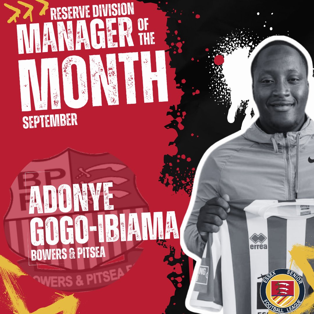 🏆 RESERVE DIVISION Manager of the Month - September 

Congratulations to Adonye Gogo-Ibiama of <a href="/Bowerspitseafc/">Bowers & Pitsea FC</a> who has been named Manager of the Month for an undefeated September. 

3 wins, 8 goals, 0 conceded 💪 

#ESL #ESLMOTM