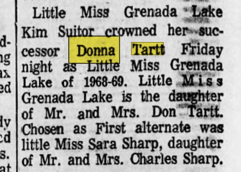 tarttarchive's tweet photo. Donna Tartt, little Miss Grenada Lake, Mississippi 1968 https://t.co/h8uwGLzmXM