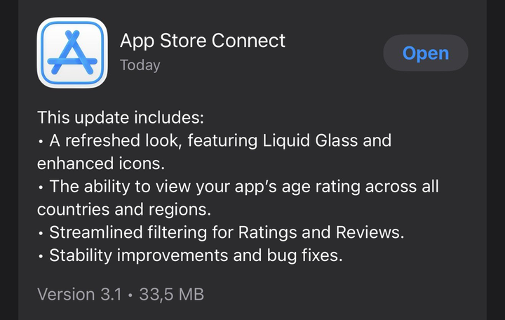 App Store Connect 3.1 dropped with Liquid Glass UI and better ratings filtering. 

But the real win? Viewing age ratings across all regions in one place.

Saves so much time during app reviews.

Small update, big quality of life improvement. 💯