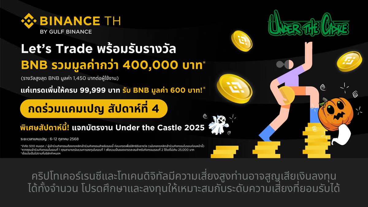 Binance_TH_'s tweet photo. Let’s Trade: กิจกรรมสัปดาห์สุดท้ายเริ่มแล้ว 🚀พร้อมรางวัลสำหรับ 200 คนแรก!
รับ BNB มูลค่า 600 บาท!
✅ยืนยันตัวตน (KYC) และกดเข้าร่วมแคมเปญ
✅เพียงทำการเทรดสะสมผ่าน Spot หรือ Easy Buy/Sell ให้ครบ 99,999 บาท ตั้งแต่วันที่ 6 ตุลาคม เวลา 00:00:00 น ถึงวันที่ 12 ตุลาคม เวลา 23:59:59 น. (ทั้งนี้ หากคุณเข้าร่วมกิจกรรมในรอบที่ 1 และ/หรือ 2 และ/หรือ 3 คุณสามารถนับรวมการลงทุนในรอบที่ 1 และ/หรือ 2 และ/หรือ 3 แล้วแต่กรณี เพื่อรวมเป็นยอดเทรดสะสมสำหรับกิจกรรมรอบที่ 4 ได้แต่รวมแล้วไม่เกิน 80,000 บาท)

👉 สำหรับสัปดาห์ที่ 4: ร่วมแคมเปญเลยที่ https://t.co/UvqMT9TKGn
🔴 อย่าพลาด! กดเข้าร่วมกิจกรรม แล้วเทรดเลย!

📅ระยะเวลาแคมเปญ: 6-12 ตุลาคม 2568
🎁 สำหรับผู้มีสิทธิได้รับรางวัลในรอบสัปดาห์ที่ 4 จำนวน 200 คนแรก จะได้รับ Voucher ในวันที่ 17 ตุลาคม 2568 และสามารถกดรับ Voucher ได้จนถึงวันที่ 24 ตุลาคม 2568

💥 พิเศษสำหรับผู้มีสิทธิรับรางวัล 10 ท่าน จากกิจกรรม Let’s Trade สัปดาห์ที่ 4
 รับทันที! บัตรเข้างาน Under the Castle Thailand 👻 จำนวน 10 รางวัล (รางวัลละ 2 ใบ)

🎟️ มารับบัตรได้ที่บูธ BINANCE TH ภายในงาน Under the Castle ระหว่างวันที่ 17 ตุลาคม - 2 พฤศจิกายน 2568 พร้อมเเสดง BINANCE TH UID เพื่อยืนยันสิทธิ์กับเจ้าหน้าที่ที่บูธ
 👉 บัตรมีจำนวนจำกัด แจกแบบ First Come, First Serve ใครมาก่อนมีสิทธิ์ก่อน!

สำหรับผู้มีสิทธิรับรางวัลบัตรเข้างาน สามารถเช็คคิววันที่และเวลาที่ต้องการเข้าร่วมได้ผ่าน https://t.co/HdUPlR3lFs ก่อนเดินทางมารับบัตร

📍 พิกัด: ชั้น G ศูนย์การค้า Emsphere บริเวณหน้าทางเข้าห้าง

คำเตือน : คริปโทเคอร์เรนซีและโทเคนดิจิทัลมีความเสี่ยงสูง ท่านอาจสูญเสียเงินลงทุนได้ทั้งจำนวน โปรดศึกษาและลงทุนให้เหมาะสมกับระดับความเสี่ยงที่ยอมรับได้

#BinanceTH #LetsTrade #BinanceTHxUTC #UTCThailand