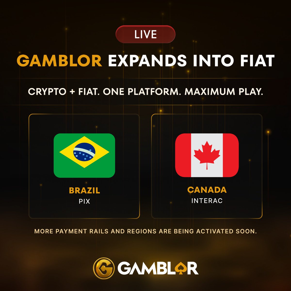 GamblorCasino's tweet photo. BREAKING🚨

FIAT deposits are now live for Brazil via PIX &amp; Canada via INTERAC.

Current crypto deposits are accepted across ETH, SOL, BASE, ABSTRACT &amp; APECHAIN. 

Deposit now via crypto or FIAT.

(Link in bio) https://t.co/5ZqzPXBF1A
