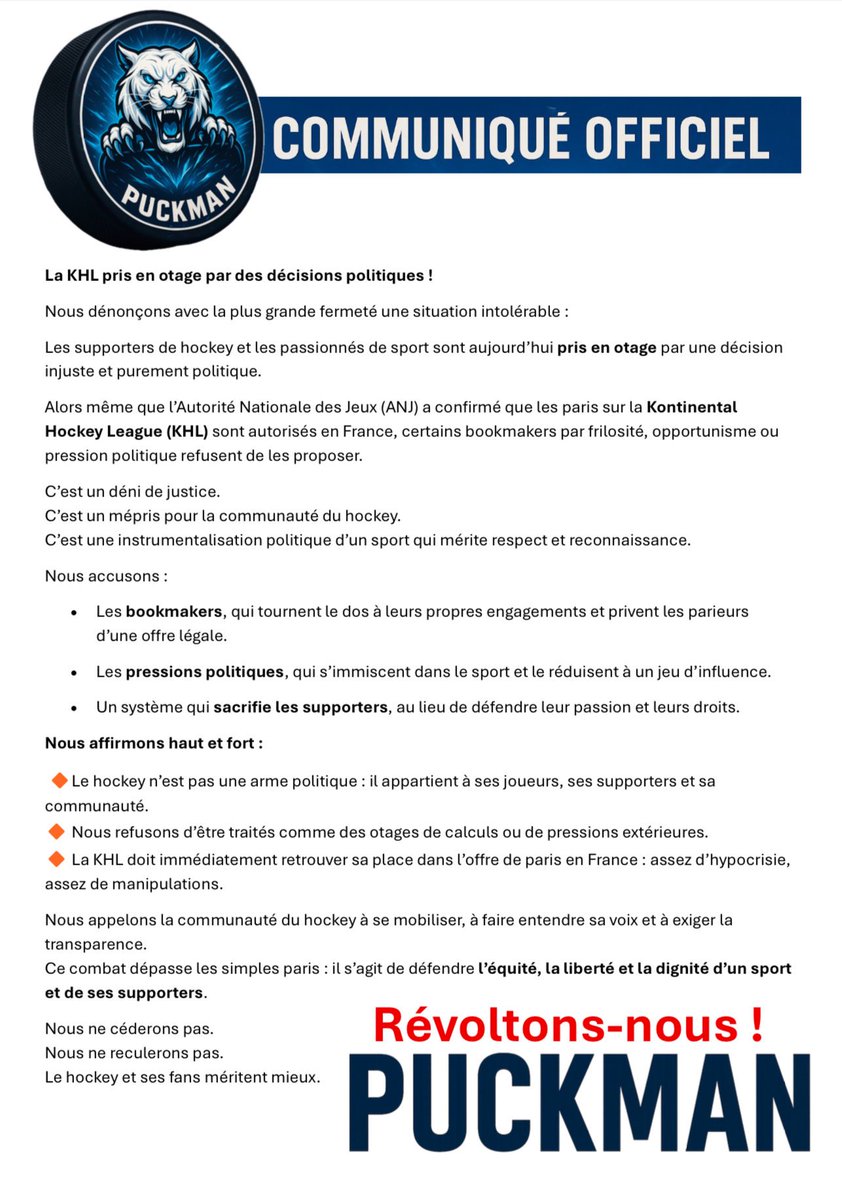 PuckManFR's tweet photo. Quel rapport avec le sport ?!
Depuis quand les bookmakers font de la politique ?
Même l’@ANJ_FR ne le fait pas !

Battons nous !
Exprimez vous par des RT !
@WinamaxSport @Betclic @UnibetFrance  doivent comprendre qu’on veut la KHL https://t.co/XUXdNItMRm