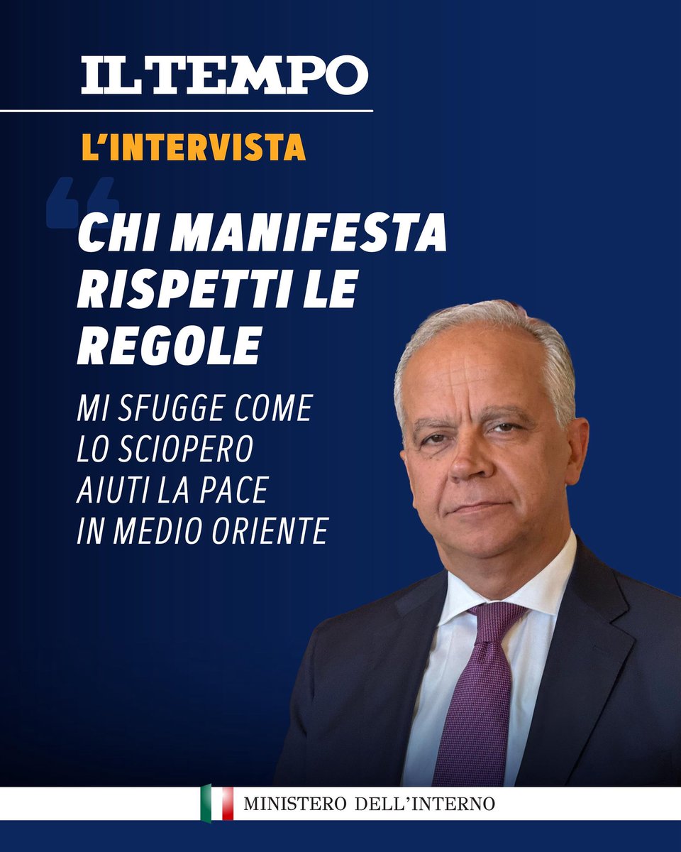 Piantedosim's tweet photo. Mi sfugge l’utilità che questo sciopero generale possa avere come contributo alla pacificazione del medio oriente. Rischia di apparire una strumentalizzazione in chiave politica interna della tragedia in corso a Gaza. Il nostro Governo non solo non ha alcuna responsabilità per quanto sta avvenendo a Gaza e più in generale per il conflitto arabo-israeliano, ma l’Italia oggi si sta distinguendo nell’assistenza e nell’accoglienza dei palestinesi molto più di altri Paesi. La mozione presentata dalla maggioranza e approvata in Parlamento, con l’astensione delle opposizioni, credo sia l’ulteriore riprova di quanto abbiamo a cuore la pacificazione di quel territorio martoriato.

La mia intervista a Il Tempo è disponibile qui: https://t.co/G3UoUVxp2j