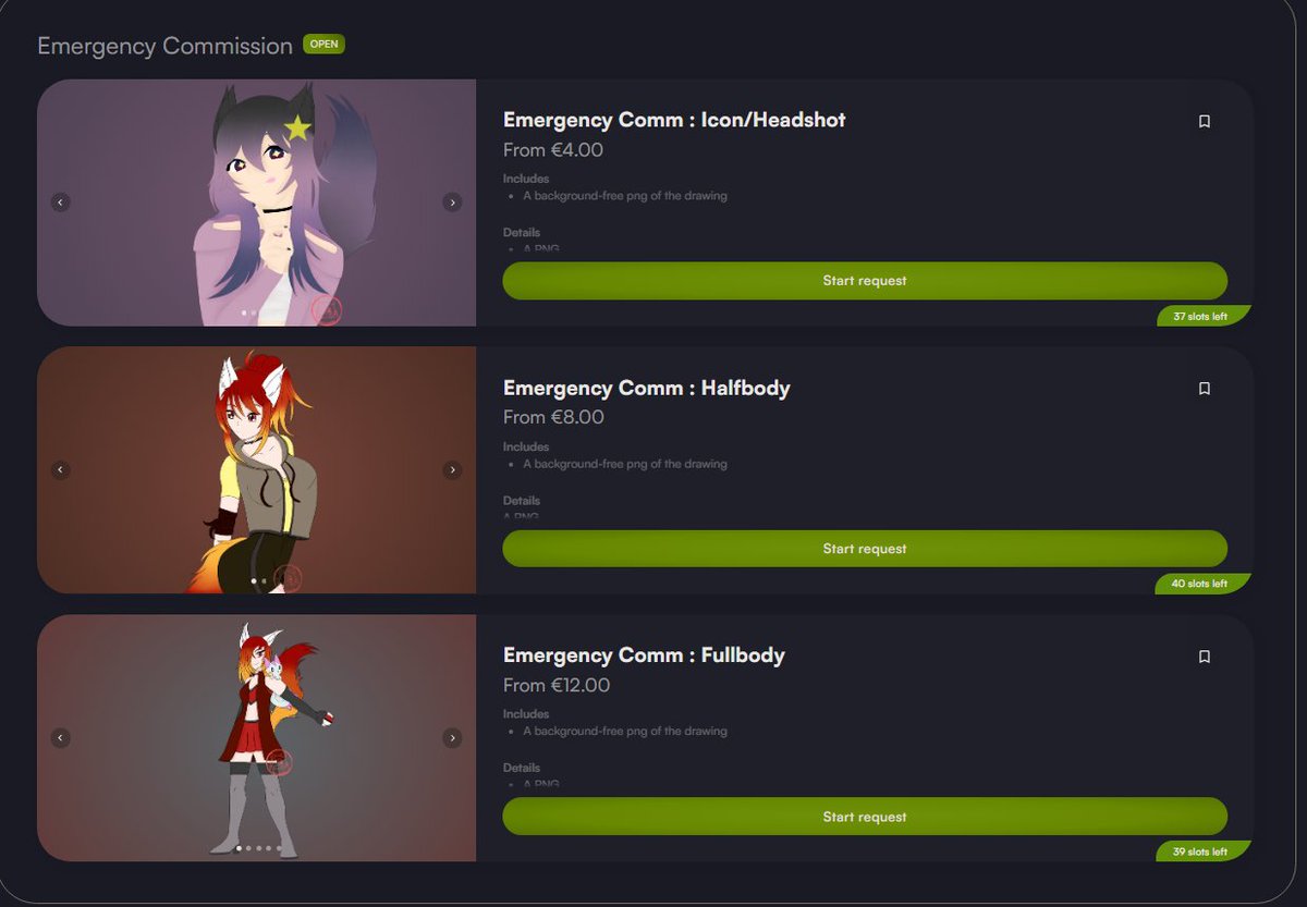 The Emergency commissions are still open and are becoming more and more important. In 1 month I had to spend more than half of what I had set aside for several months with my independence, so I need help, so if you are interested in a not too expensive commission 1/2