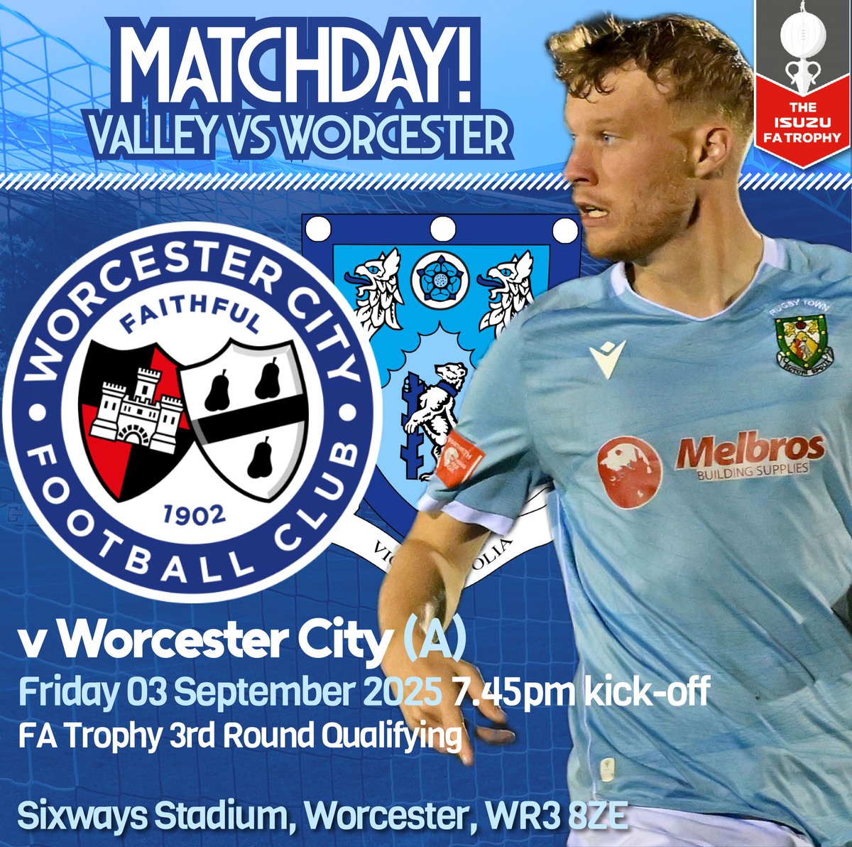 RugbyTown_FC's tweet photo. MATCHDAY! @WorcesterCityFc v Rugby Town

We make the trip to @SouthernLeague1 Premier Central Worcester City tonight in the FA Trophy.

Updates here from 7.45pm.

🏟️ Sixways Stadium, Worcester WR3 8ZE
🕒 7.45pm
🎟️ Adults £14 | OAP £9.50 | U18 £5 | U12 £3

 #utv #FATrophy https://t.co/c7be0f06Wz