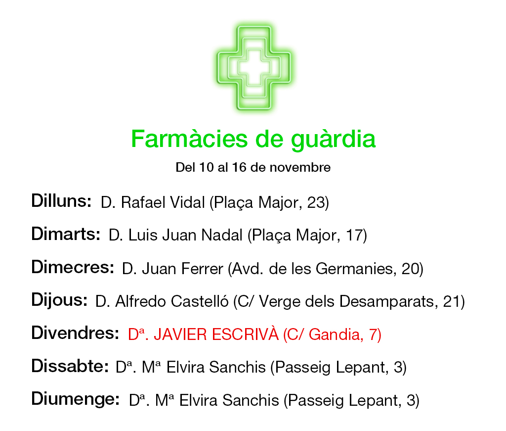 GUÀRDIES PER A LA SETMANA DEL 10 AL 16 DE NOVEMBRE

Recordeu que podeu vore TOTES LES GUÀRDIES a la nostra WEB: farmaciaescriva.com/farmacias-guar…

#farmaciatavernes #guardiestavernes #farmaciadeguardia #farmaciaescriva #guardiesentavernes #farmaciadeguardiatavernes