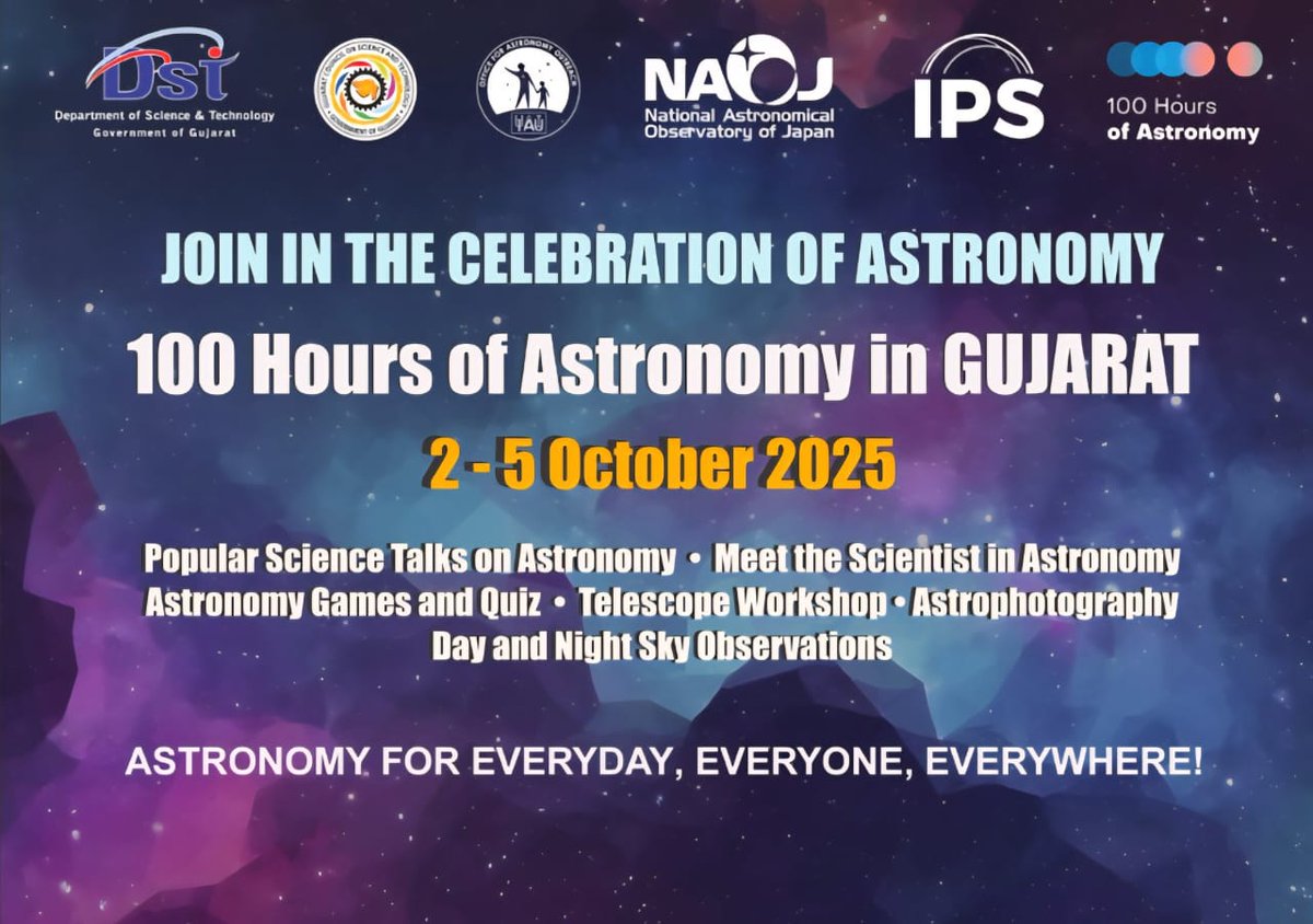 InfoGujcost's tweet image. Day 2 of the #100HoursOfAstronomy2025 (2-5th Oct) in #Gujarat is in full of cosmic excitement across all #RSCs of @InfoGujcost !

@RSCRajkot hosted constellation stories, eclipse models, lunar phase demonstrations, telescope workshops.

@RSCBhavnagar students explored rocket