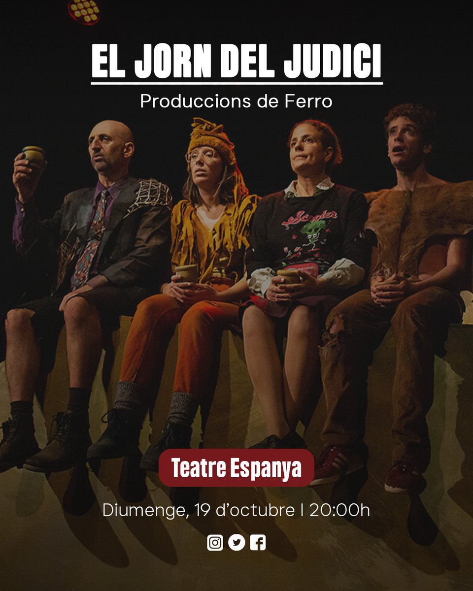 🎭 EL JORN DEL JUDICI de Produccions de Ferro

Un viatge teatral que ens enfronta a la fi dels temps i, alhora, a l’essència més profunda de la vida.

📍 Sala de cultura Cinema 📆 18 d’octubre 🕔20:30h
📍 Teatre Espanya 📆 19 d’octubre 🕔20:00h

#xarxaalcover #teatreencatala
