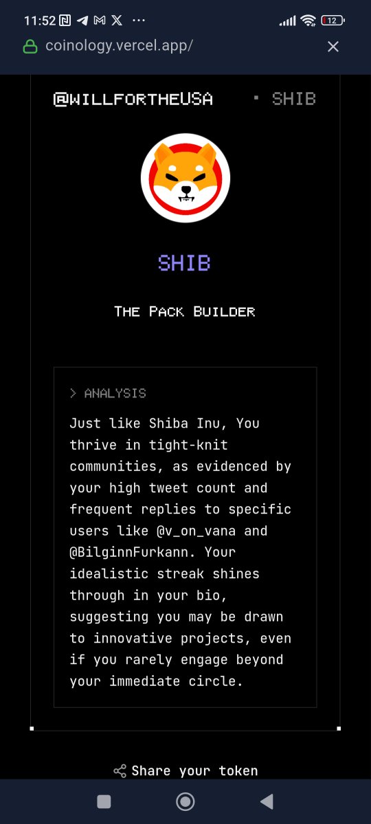 According to my twitter data, I give $SHIB vibes.
Bullish?
Try Coinology on app.vana.com. 
<a href="/vana/">vana</a> yeni uygulamasındaki görevi yaparak 500 XP kazanabilirsiniz. Bugün 17.00 da sona erecek acele edin!