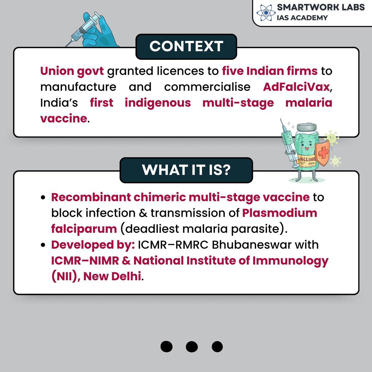 Smartwork_Labs's tweet image. 💉 India grants licences to 5 firms for AdFalciVax — the 1st indigenous multi-stage malaria vaccine, boosting Atmanirbhar Bharat &amp;amp; Malaria Elimination Goal 2030.
#AdFalciVax #MalariaVaccine #UPSCCurrentAffairs #UPSC2026  #UPSCPreparation #SmartworkLabs #UPSCExam #HealthForAll