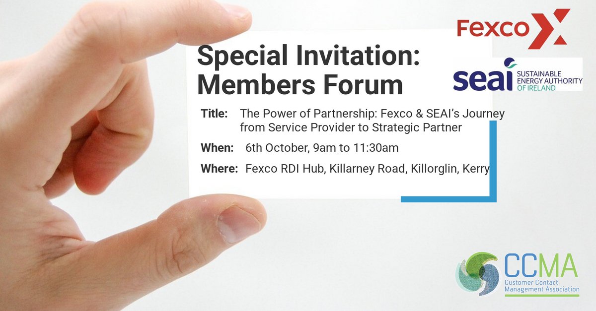 Service provider &gt; Strategic partner
Join our CCMA Members Forum on 16 Oct, RDI Hub, Kerry, to hear how Fexco &amp; SEAI built an award-winning partnership.

✔ Partnership insights
✔ AI in action
✔ Networking lunch

👉rpb.li/wds
#CCMAIreland #CX #Partnership #AI