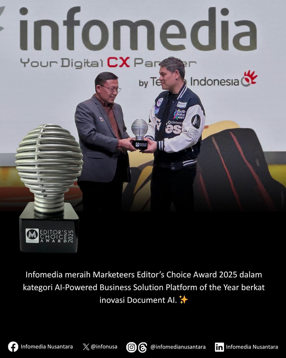 infonusa's tweet image. 🏆 Infomedia raih Marketeers Editor’s Choice Award 2025 berkat inovasi Document AI.
Solusi ini hadir untuk mempercepat pemrosesan dokumen, meningkatkan akurasi, sekaligus mendukung efisiensi bisnis di era digital. 🚀
#Infomedia #DocumentAI #MECA2025