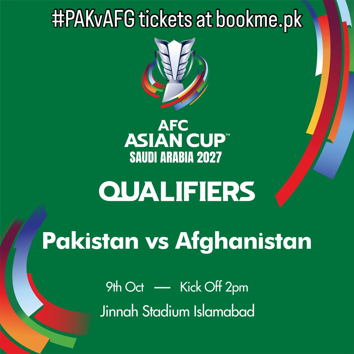 Pakistan vs Afghanistan at Jinnah Stadium Islamabad. Kickoff time 2:00pm PKT on 9 October 2025. 

Tickets available online at Bookme.pk website. Prices:
🔹Premium Plus – Rs 4,000
🔹Premium – Rs 1,500
🔹First Class – Rs 750

#2027ACQs #PakistanFootball #PAKvAFG
