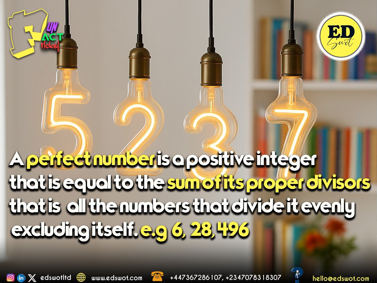 edswotltd's tweet image. 💡 #FunFactFriday: A “Perfect Number” = a number equal to the sum of its proper divisors (excluding itself). Examples: 6, 28, 496 🤯

At @edswotltd, we make learning just as fun &amp;amp; fascinating! 🌍
👉 Explore world-class tutors at edswot.com

#Edswot #LearningMadeFun